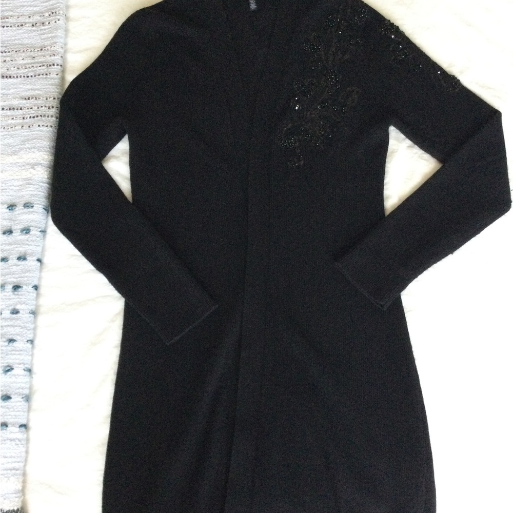 WHBM long black open cardigan with beautiful sequined appliqué